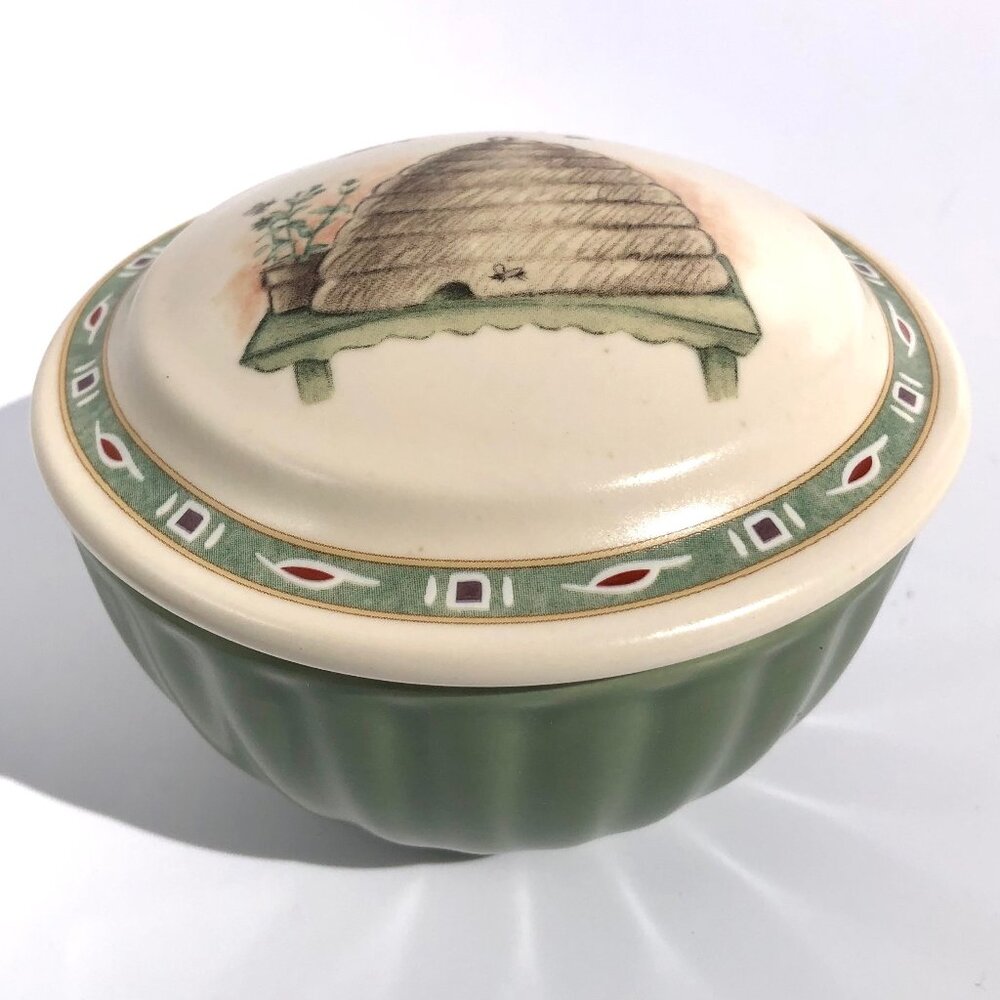 Pfaltzgraff Naturewood Votive Candle Bowl Trinket Dish Lid Beehive Bee Green 592